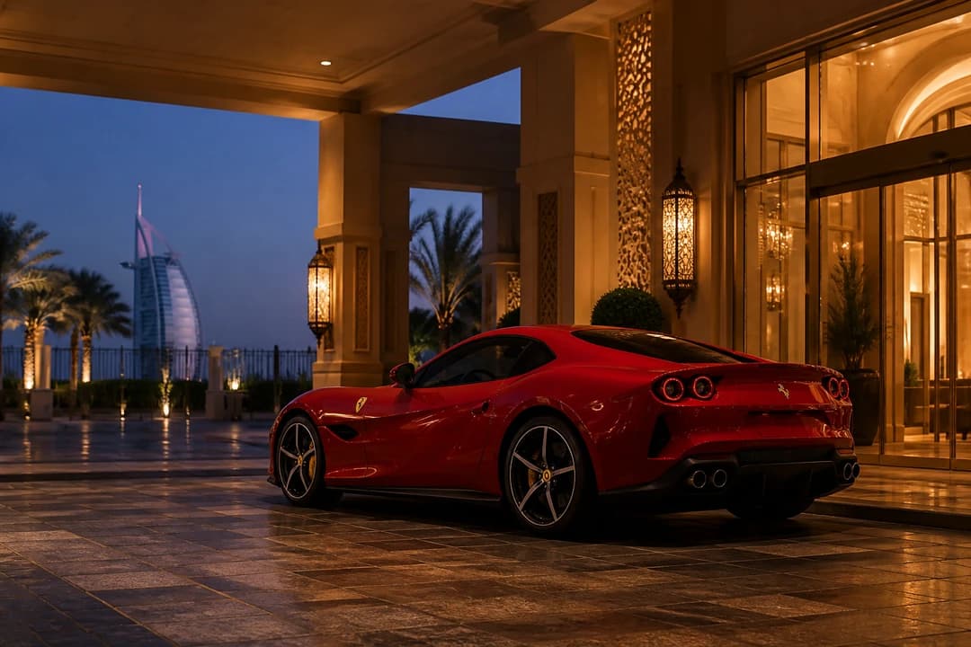 Ferrari coupe at a Dubai hotel porte-cochère in blue hour before a luxury car rental Dubai sunrise loop