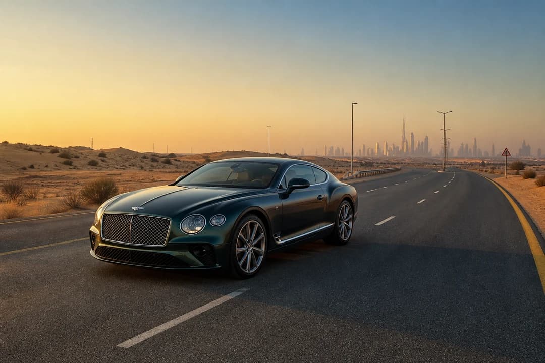 Bentley Continental GT on a desert-fringe dual carriageway at sunrise for UAE road trip rental from Dubai