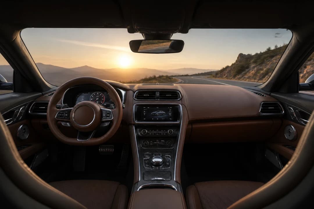 Sports car cockpit at first light for best cars to rent Dubai sunrise scenic loops