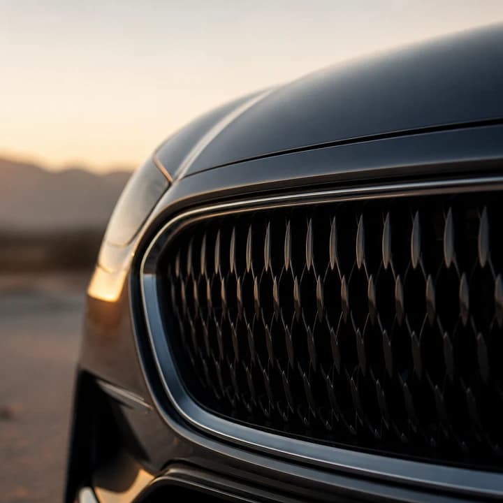 Luxury sports car grille detail with soft dawn bokeh for Dubai sunrise drive luxury car identity