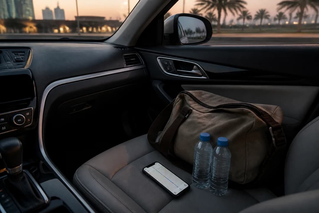 Water, soft bag and phone navigation ready before Dubai car delivery for a dawn scenic drive
