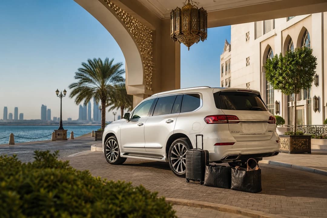 Best cars to rent Dubai for Abu Dhabi: calm luxury SUV at a Corniche hotel porte-cochère after a UAE road trip rental