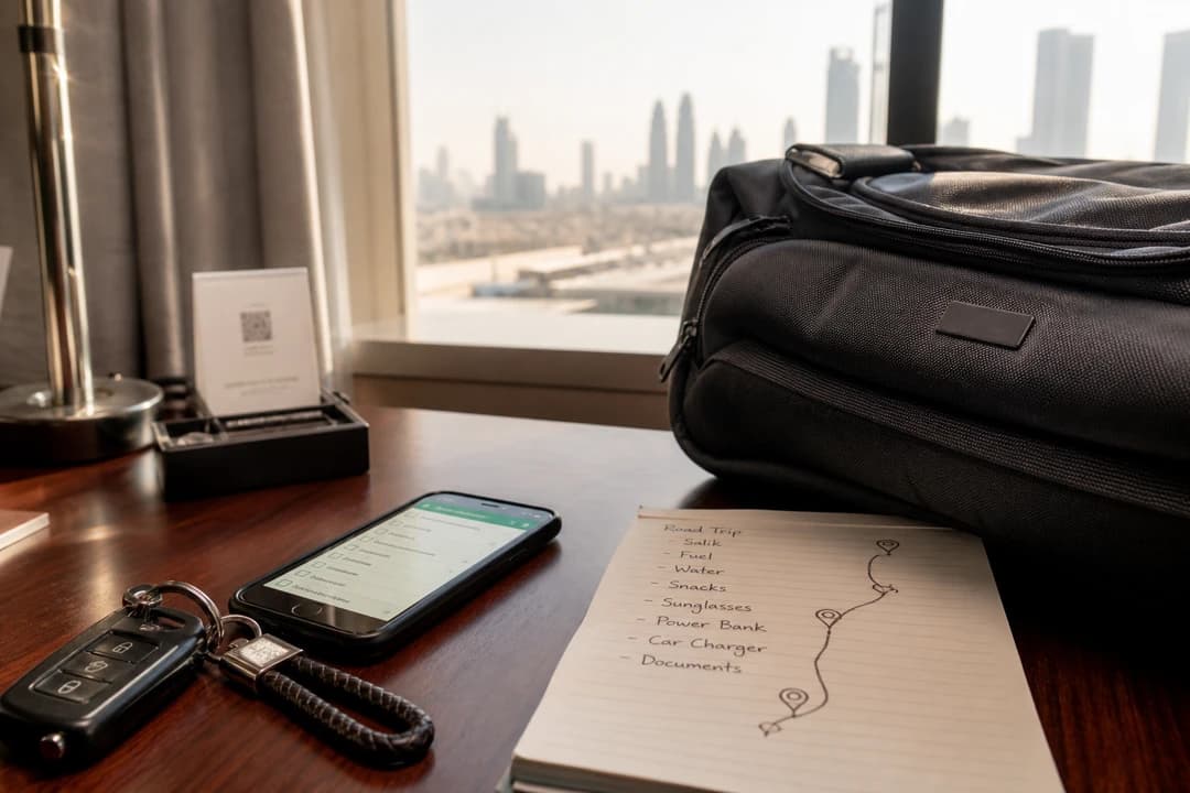 Dubai car delivery checklist with keys, mileage note, and WhatsApp before a Dubai to Abu Dhabi luxury car road trip