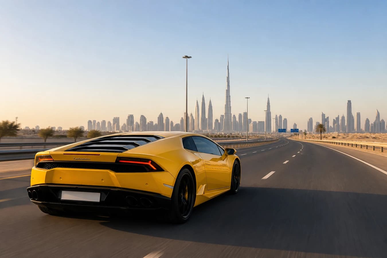 Dubai to Abu Dhabi supercar guide: low exotic coupe on the E11 corridor toward Abu Dhabi in morning light