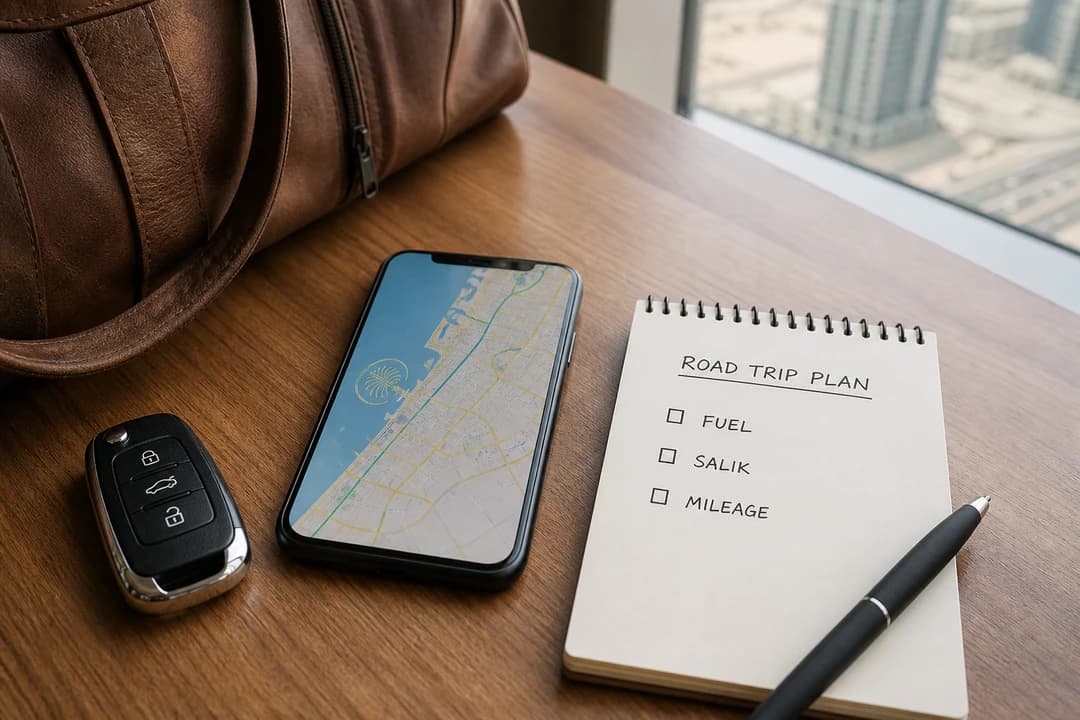 Dubai car delivery checklist with fuel note, Salik reminder, and WhatsApp before a Dubai to Abu Dhabi supercar day