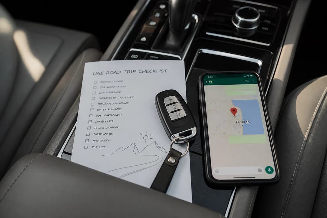 Route checklist, keys, and WhatsApp before Dubai car delivery for a Dubai to Fujairah luxury car road trip