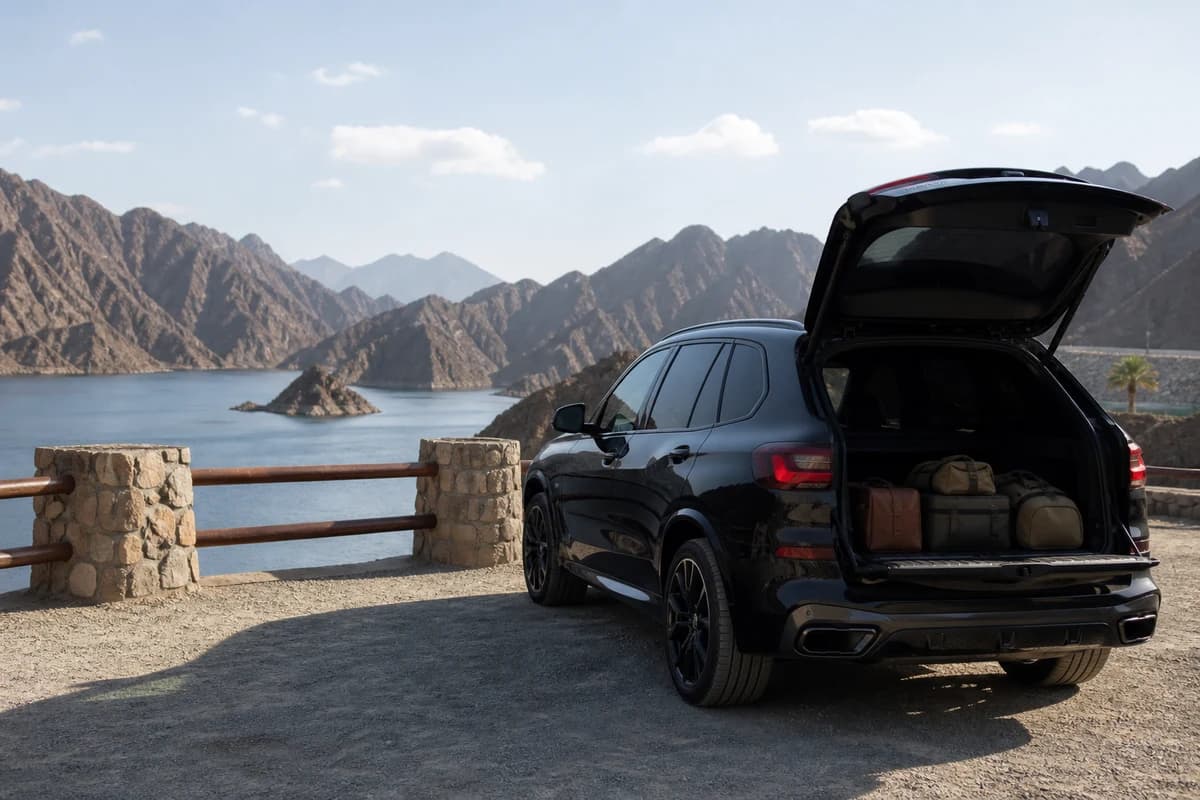 Luxury SUV at a Hatta mountain overlook with soft bags for a UAE road trip rental day