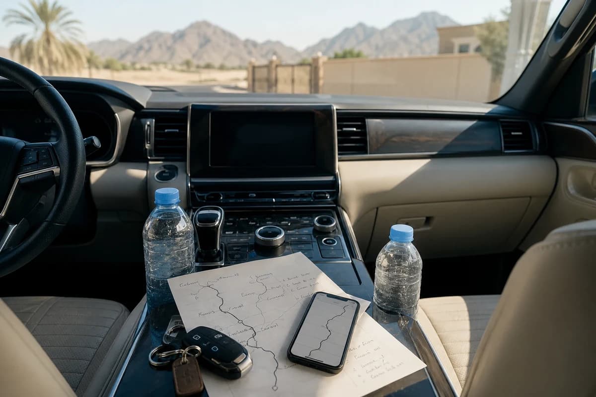 Cabin checklist with route notes and keys before a Dubai to Hatta luxury car road trip