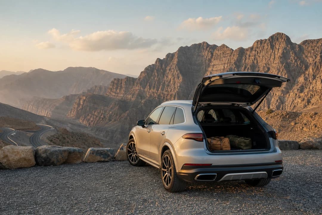 Luxury SUV at a Jebel Jais mountain overlook for UAE road trip rental with soft bags and water