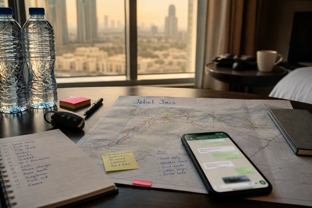Route notes, keys, and WhatsApp before Dubai car delivery for a Jebel Jais mountain day