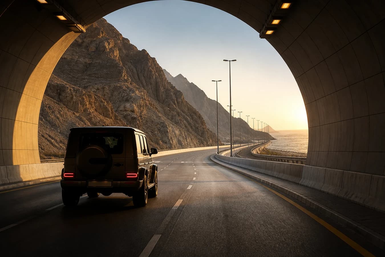 Dubai to Khor Fakkan luxury road trip: luxury SUV leaving a mountain tunnel toward the east-coast dual carriageway