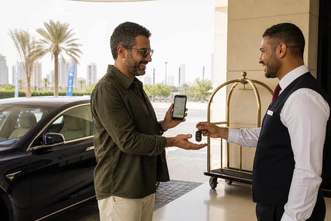 Dubai car delivery handover with keys and WhatsApp before a UAE road trip rental day to Khor Fakkan