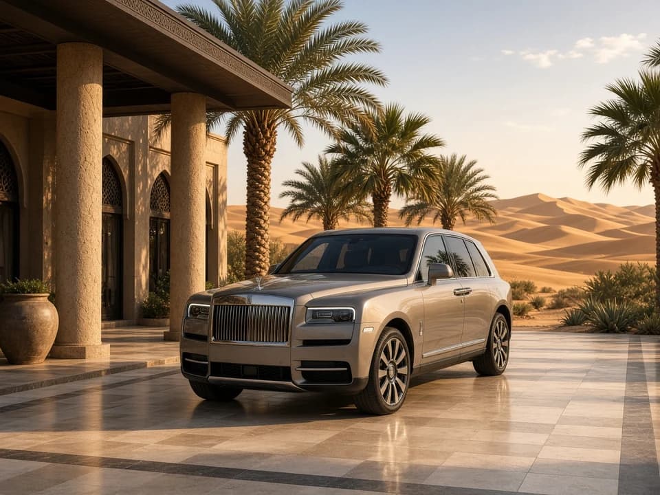 Best cars to rent Dubai for Liwa: luxury SUV at a desert oasis resort porte-cochère with dune backdrop