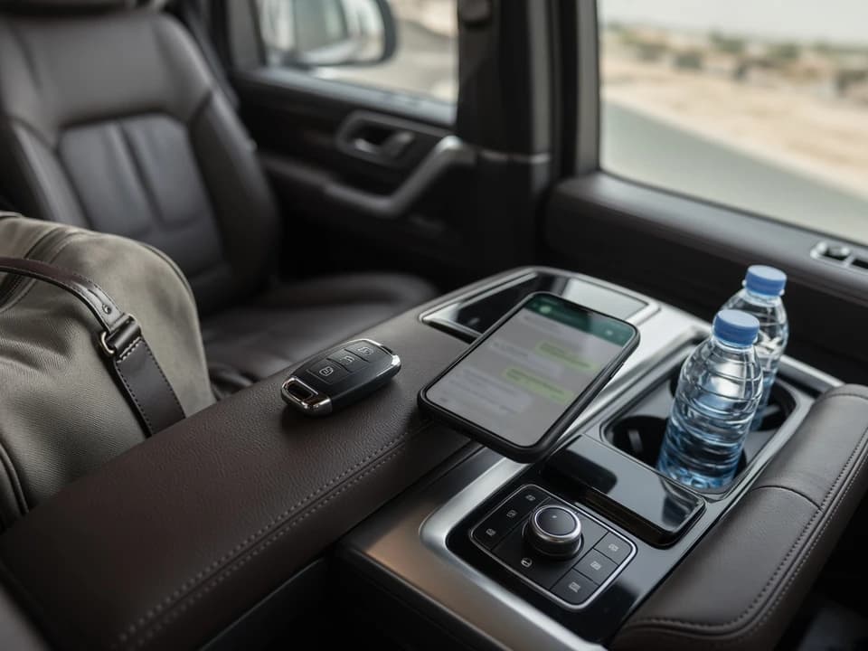 Dubai car delivery checklist with keys, water, and WhatsApp before a UAE road trip rental day to Liwa Oasis