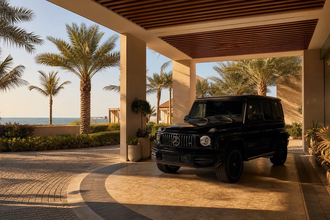 Luxury SUV at a Ras Al Khaimah beach-resort porte-cochère for UAE road trip rental coast stays