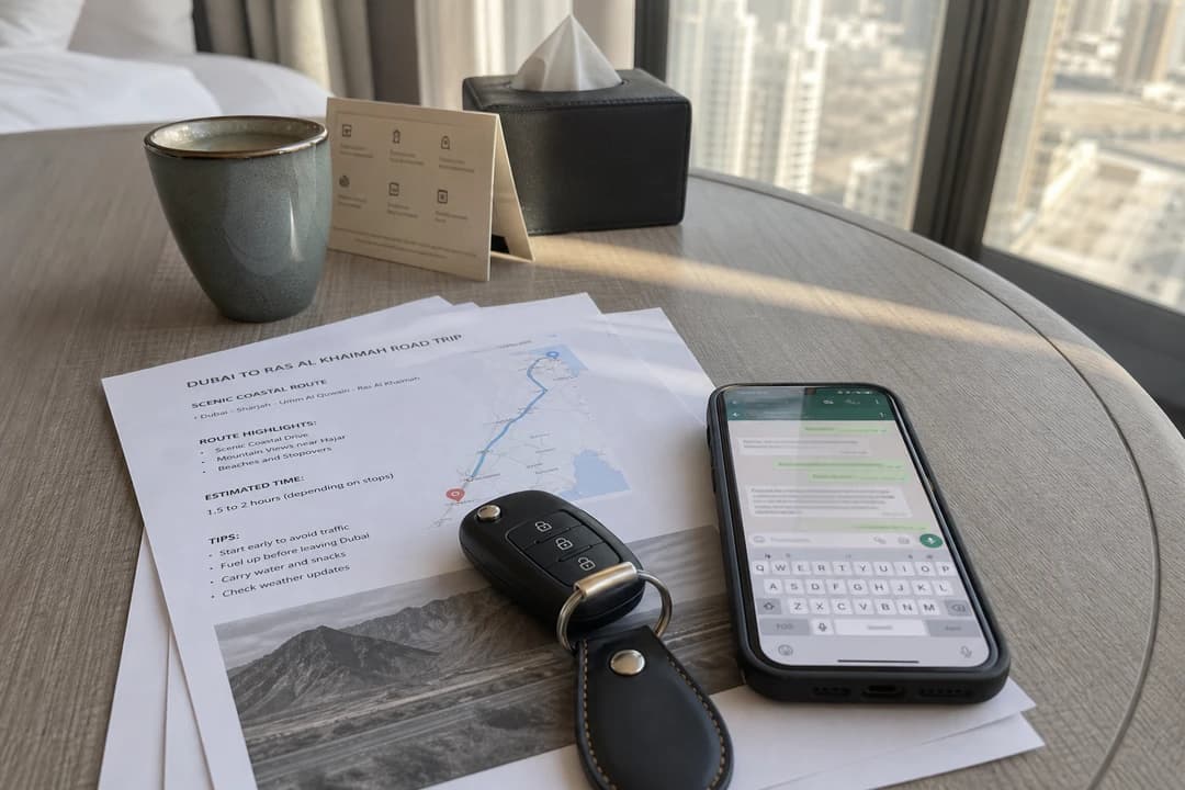 Route checklist, keys, and WhatsApp before Dubai car delivery for a Dubai to Ras Al Khaimah luxury road trip