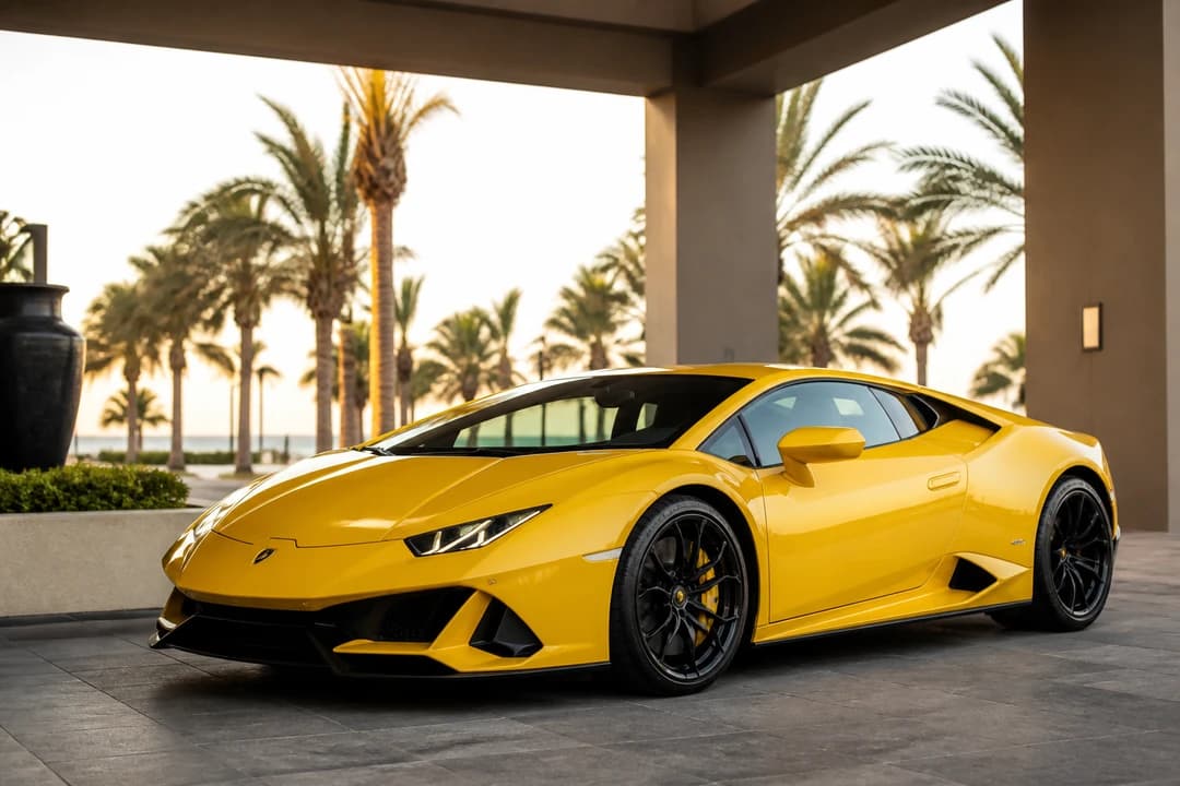 Best cars to rent Dubai for UAE road trip rental: supercar at a Ras Al Khaimah resort porte-cochère