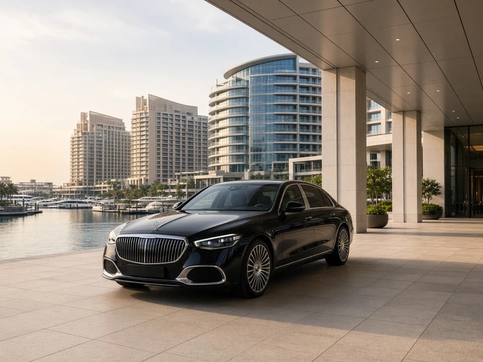 Best cars to rent Dubai for Yas Island: luxury sedan at a Yas Island hotel porte-cochère by the marina
