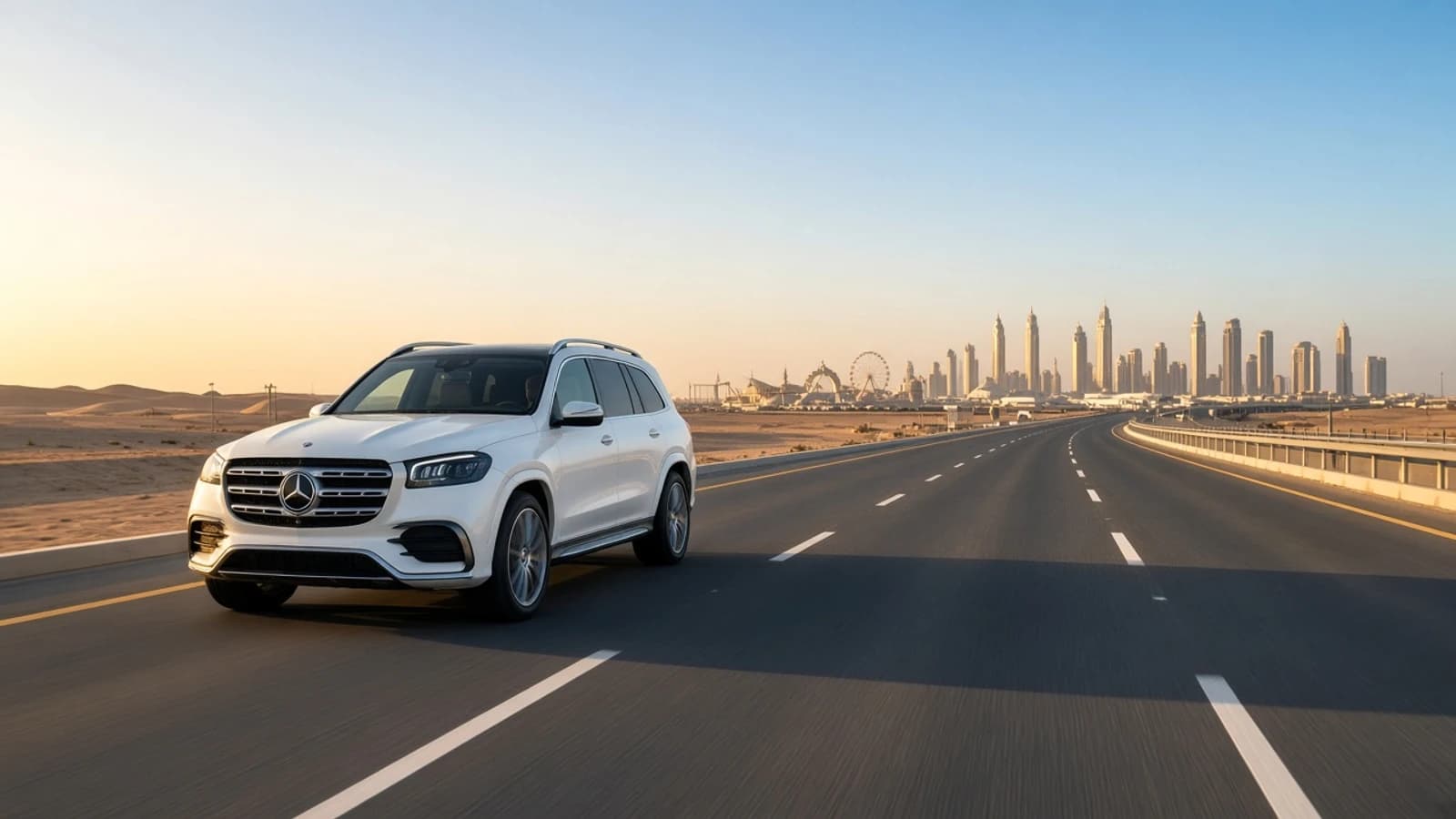 Dubai to Yas Island luxury car rental: luxury SUV on the UAE highway toward Abu Dhabi at morning