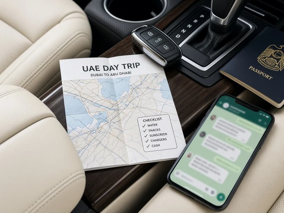 Dubai car delivery checklist with keys and WhatsApp before a UAE road trip rental day to Yas Island