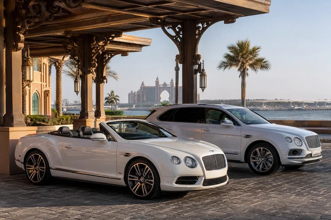 Best cars to rent Dubai in tourist season: convertible and luxury SUV at a Palm Jumeirah waterfront valet