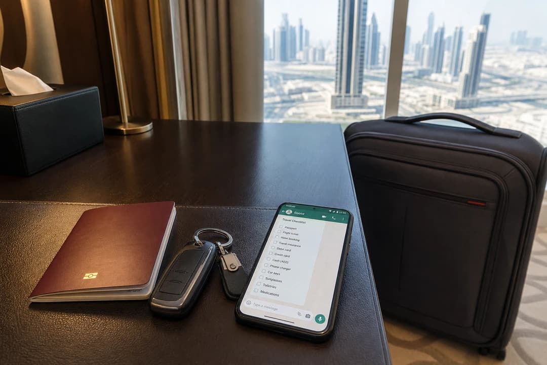 Dubai car hire WhatsApp checklist with passport, hotel name, and soft bags before airport handover