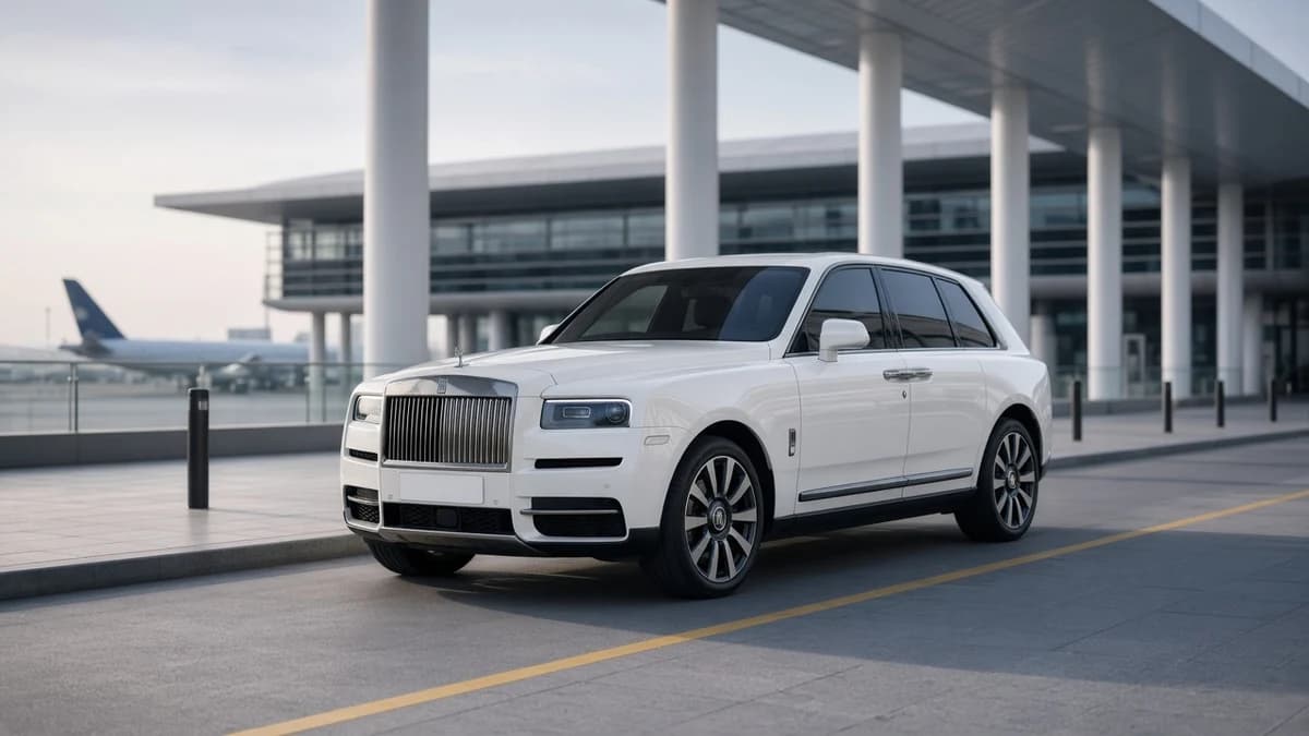 Dubai World Central luxury car delivery with Rolls-Royce Cullinan at a calm DWC kerbside morning handover