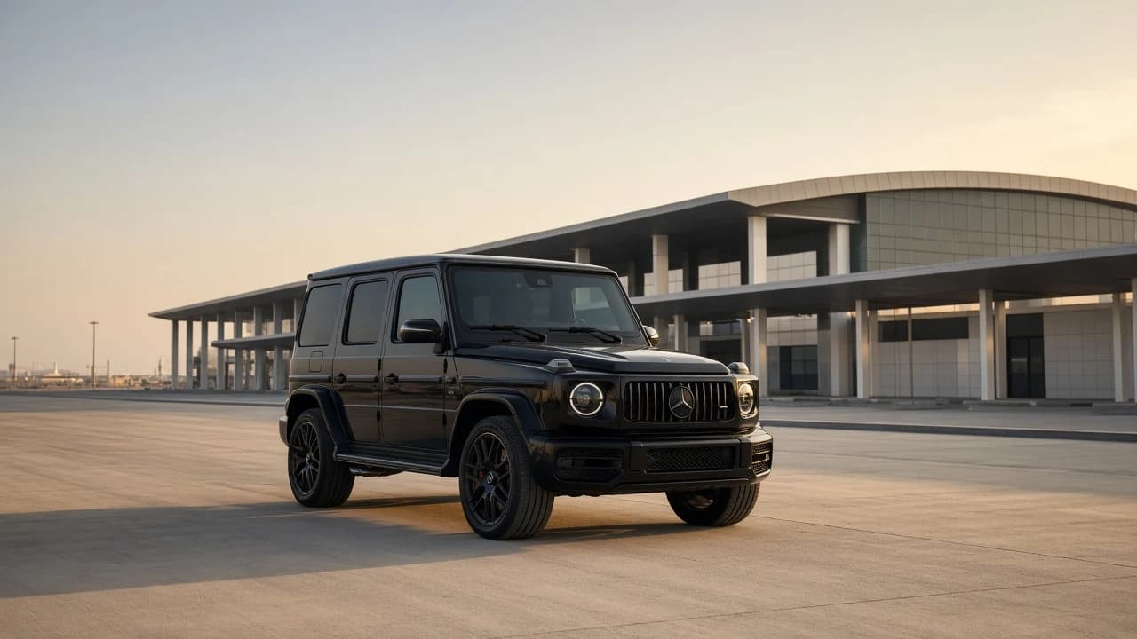 Dubai World Central airport car handover guide hero with Mercedes-Benz G-Class at Al Maktoum DWC terminal at golden hour