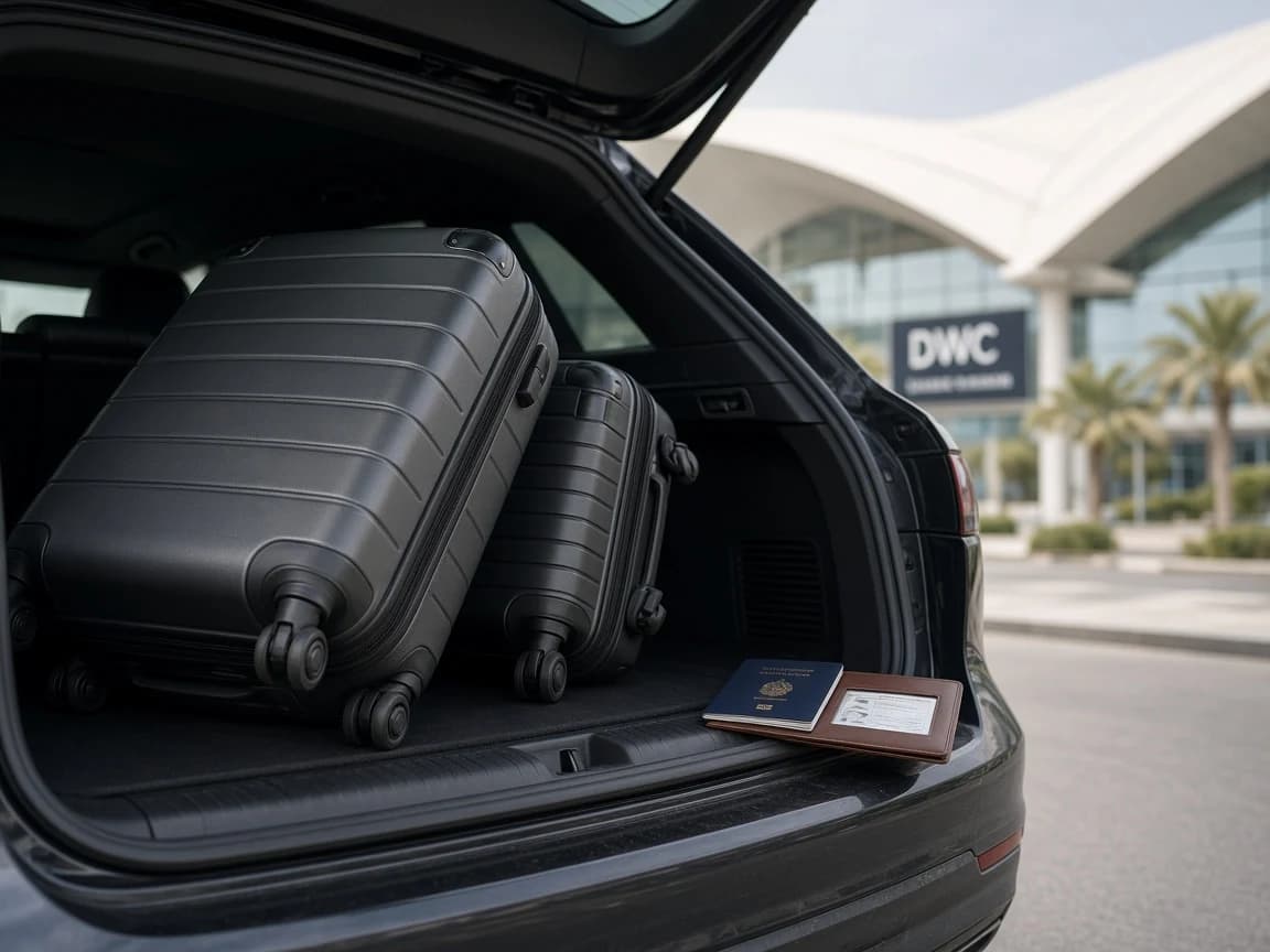 Airport SUV rental Dubai luggage load at DWC with roller cases and licence documents ready for collection