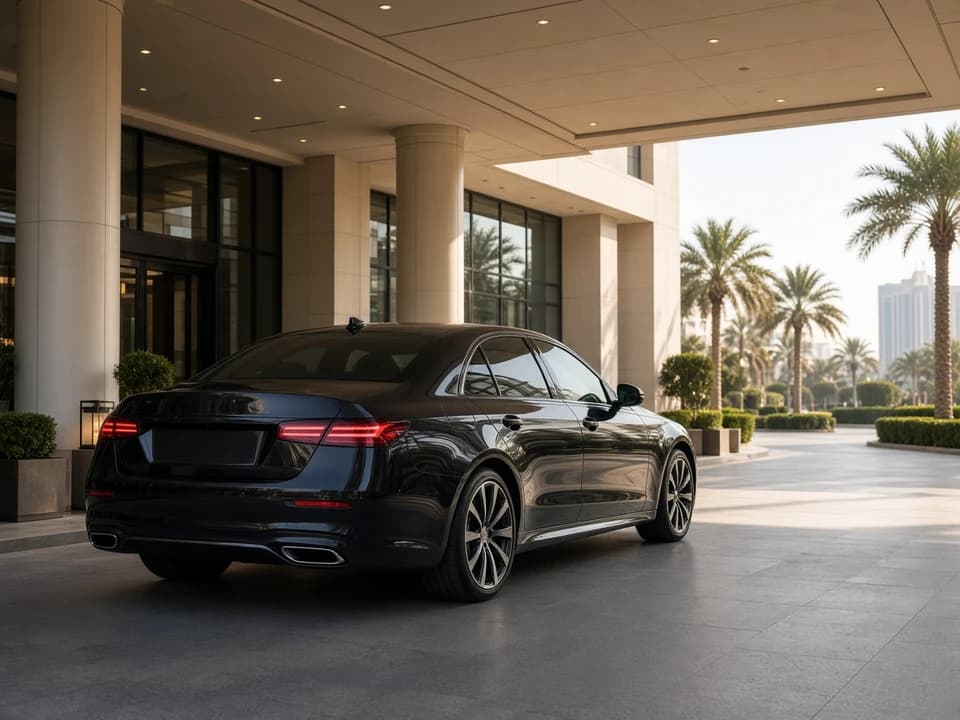 Luxury sedan at a Dubai hotel porte-cochère for an early return luxury car rental Dubai collection