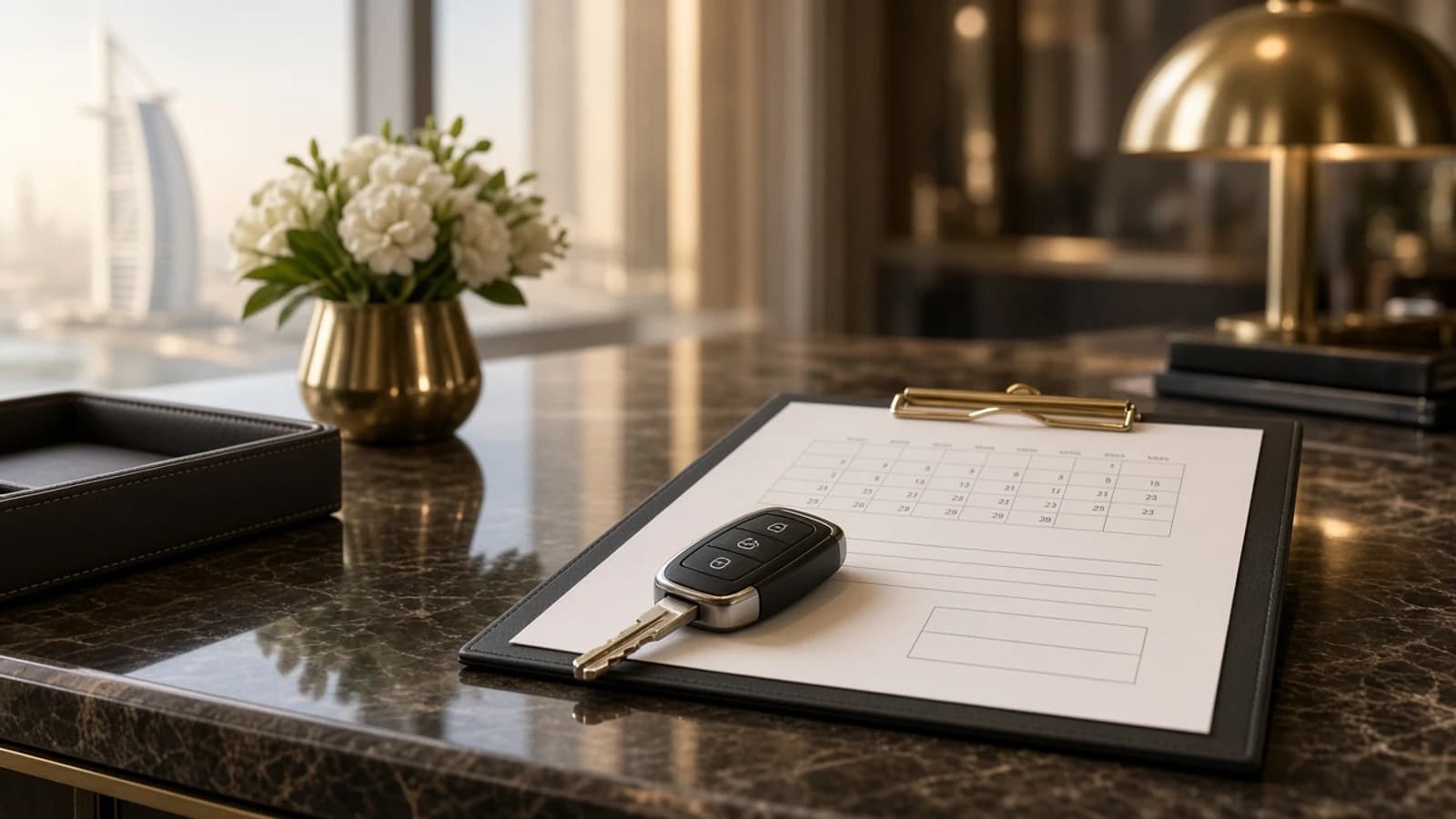 Early return luxury car rental Dubai: luxury hire keys returned at a hotel desk before the agreement end date