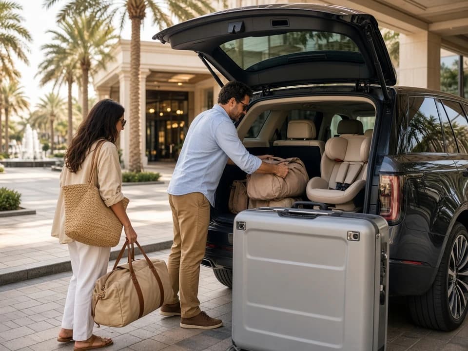 Family loading luggage into a luxury SUV for Easter holiday car rental Dubai