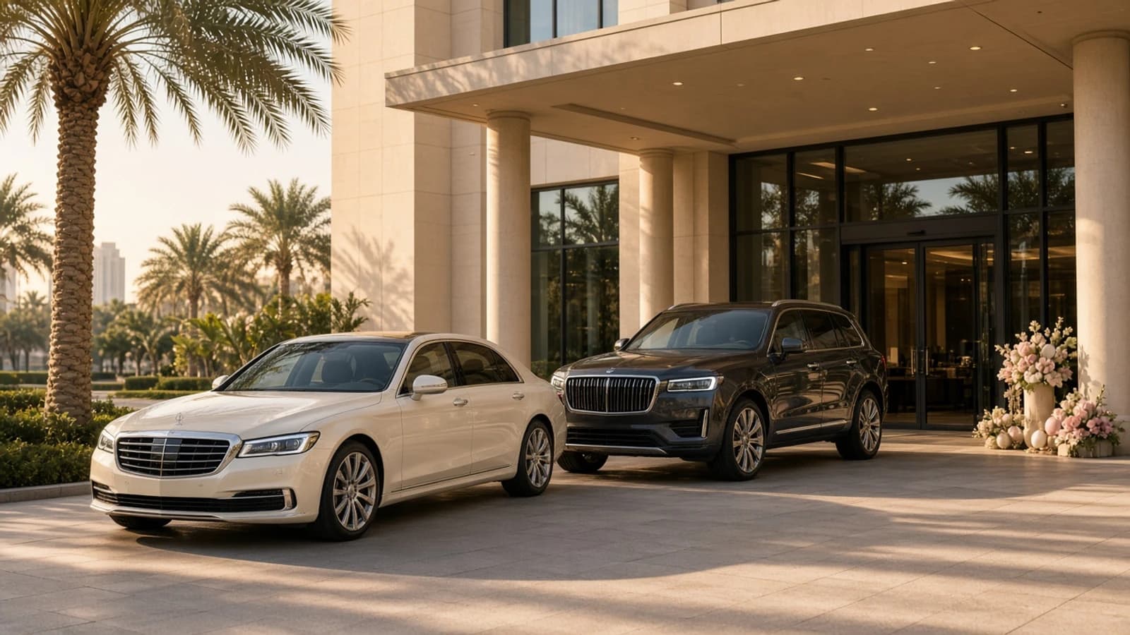 Easter luxury car rental Dubai: luxury SUV and sedan side by side at a Dubai hotel porte-cochère in spring light