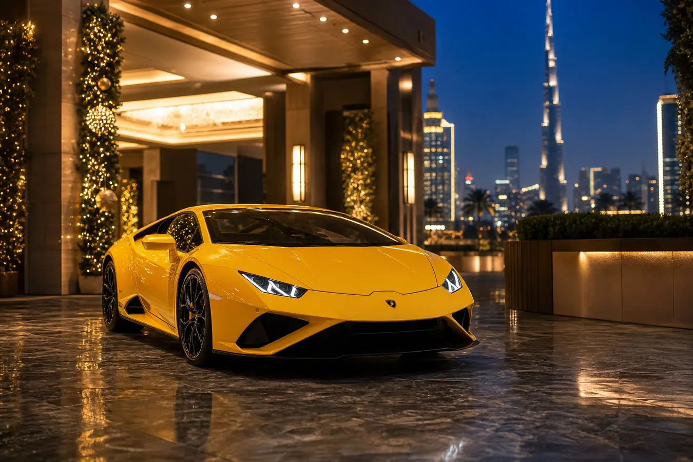 Eid luxury car rental Dubai with a yellow Lamborghini Huracán at a Downtown hotel at dusk