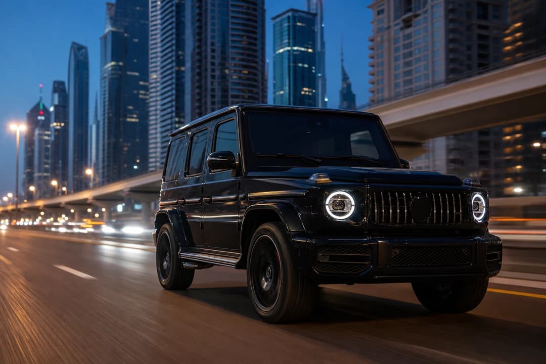 Black petrol G-Class on Sheikh Zayed Road at dusk for supercar rental Dubai adjacent luxury presence
