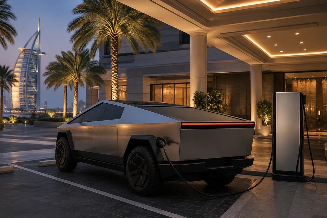 Tesla Cybertruck at a Dubai hotel EV charger for luxury car comparison Dubai electric weeks