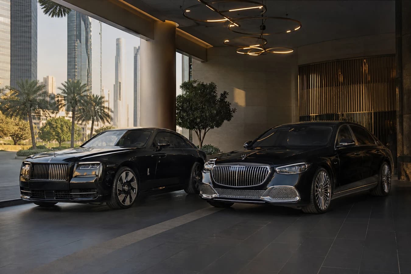 Electric vs petrol luxury car rental Dubai hero with a Rolls-Royce Spectre and Maybach sedan at a Downtown hotel porte-cochère