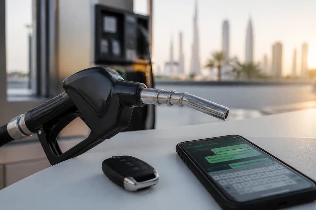 Petrol pump and hire keys beside WhatsApp for luxury car hire Dubai fuel-return planning