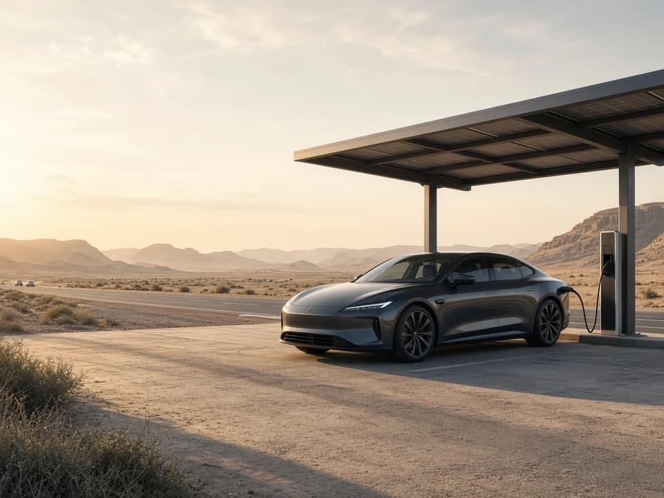 Luxury EV at a desert highway rest stop for UAE road trip rental charging pause from Dubai