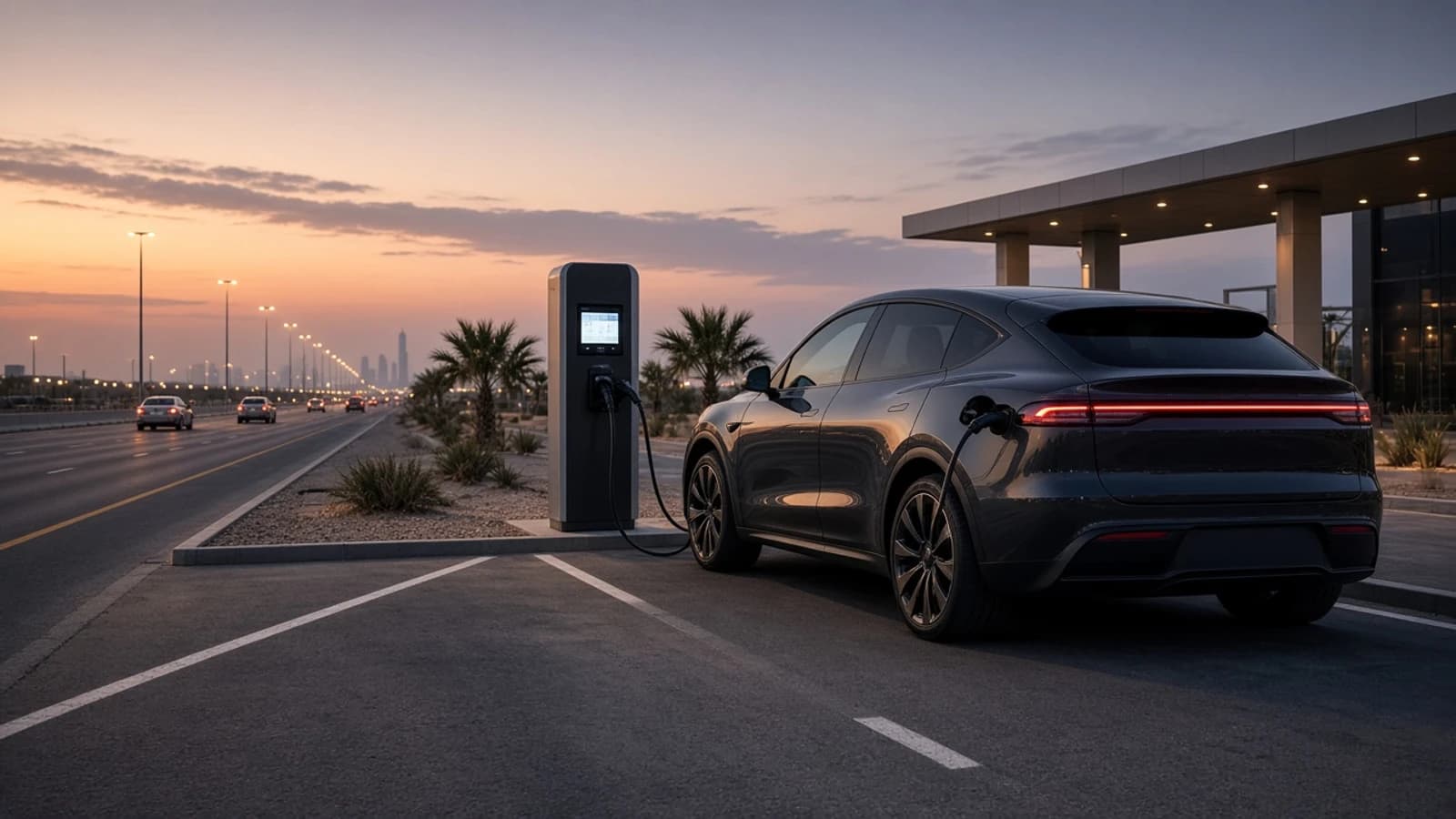 EV road trip Dubai luxury car: luxury electric SUV charging at a UAE highway plaza at dusk