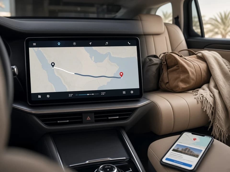 EV cabin navigation and soft bags planned for EV road trip Dubai luxury car before Dubai car delivery