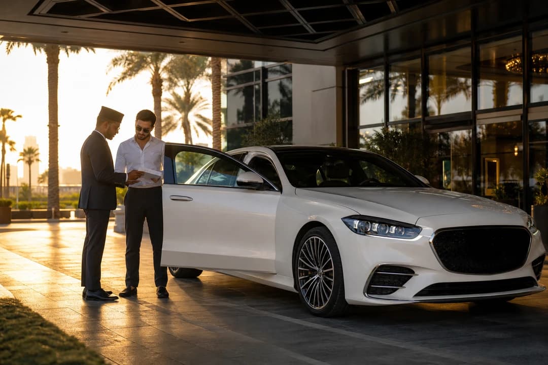 Dubai car rental guide: luxury sedan at a hotel porte-cochère while dates and rate are reconfirmed