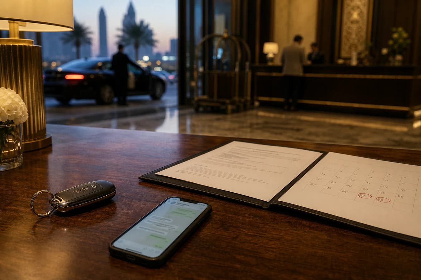 Extend luxury car rental Dubai: hotel desk with key fob, agreement calendar, and WhatsApp thread before return