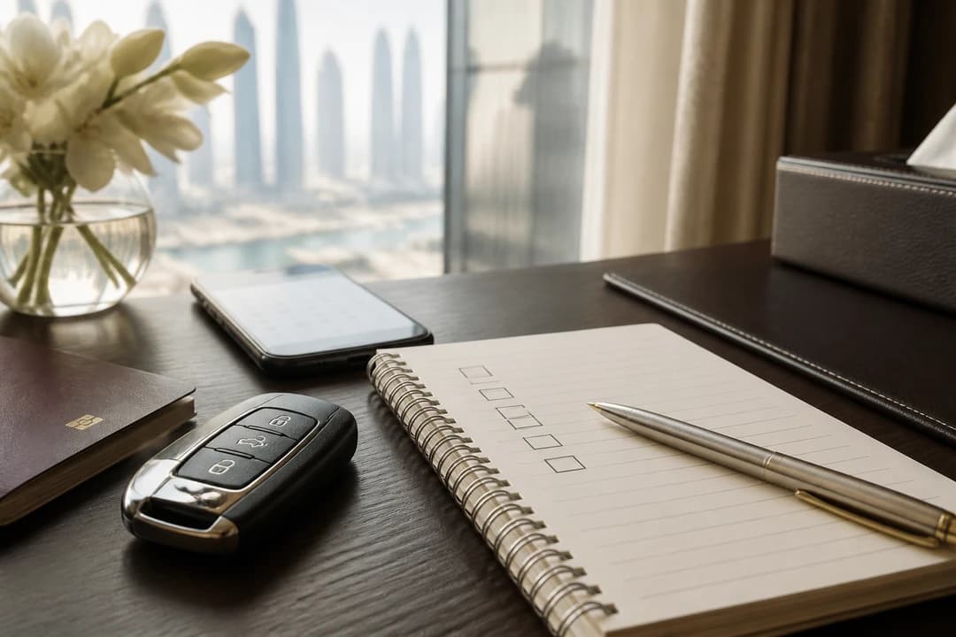 UAE rental rules checklist: extension dates, rate, and return door marked before a luxury hire ends