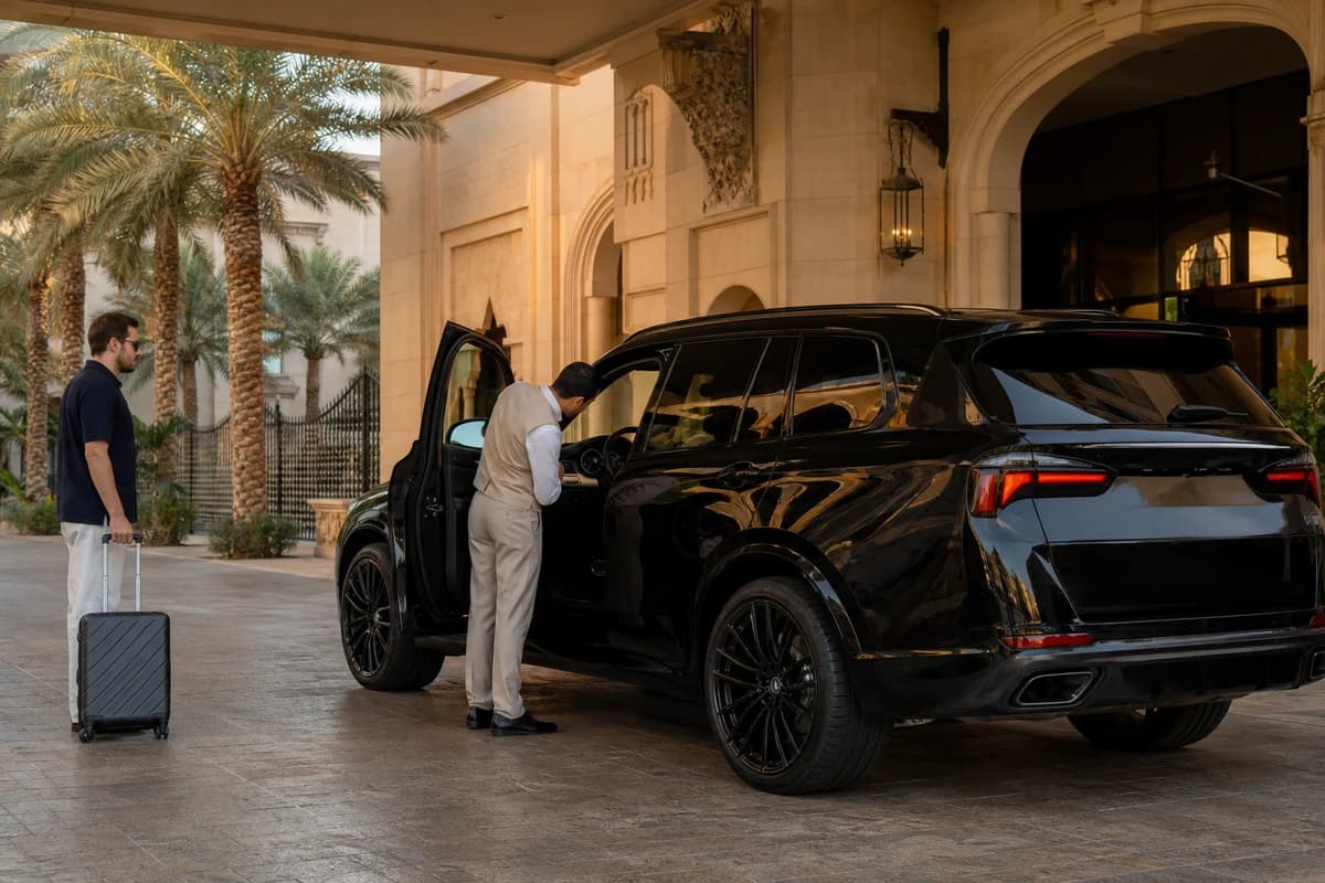 Luxury hire car at Dubai hotel return with odometer check for exceeding rental mileage