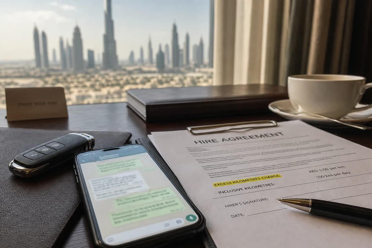WhatsApp confirmation of excess kilometre charges beside hire keys for luxury car hire Dubai