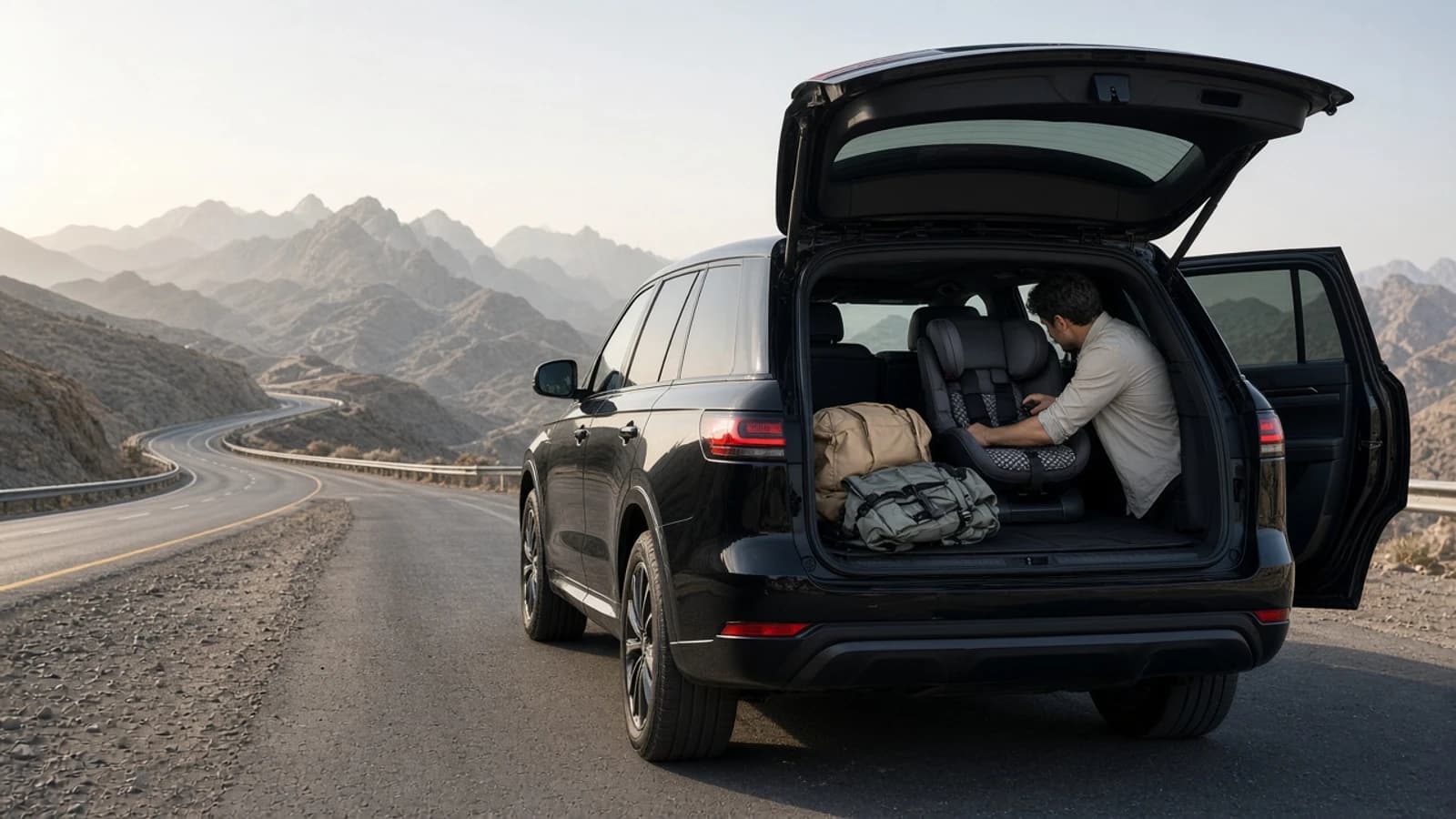 Family road trip Dubai luxury SUV: large SUV at a UAE mountain pull-off with luggage and child seat ready