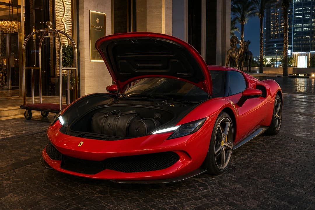 Ferrari 296 GTB front luggage space with weekend bags for a two-seat Dubai hotel stay