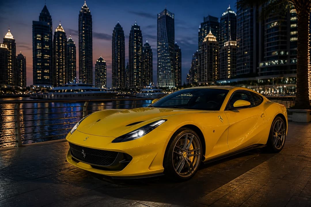 Yellow Ferrari 812 Superfast at Dubai Marina waterfront at dusk for Ferrari 812 Superfast hire Dubai evenings