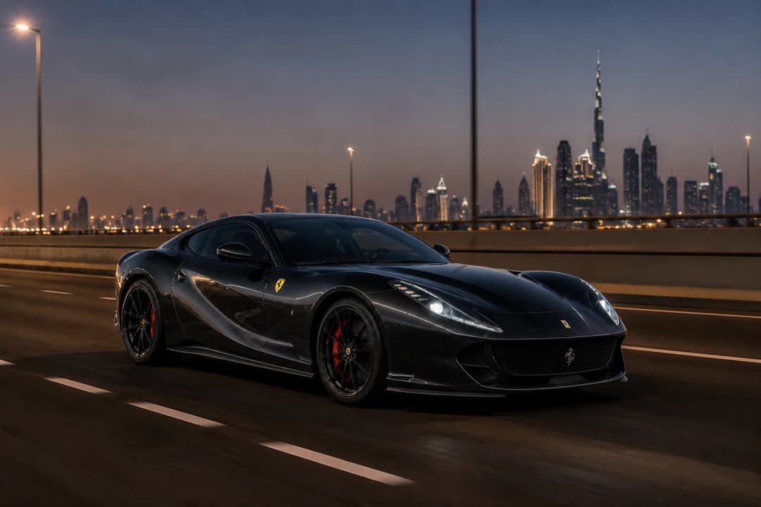 Rent Ferrari 812 Superfast Dubai: dark grey 812 on a wide UAE highway at blue hour for exotic car rental Dubai grand touring